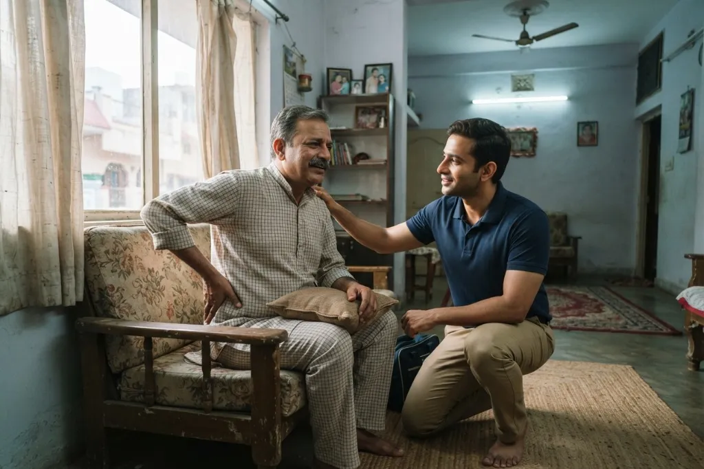 A physiotherapist assessing a man's back while he sits on his sofa