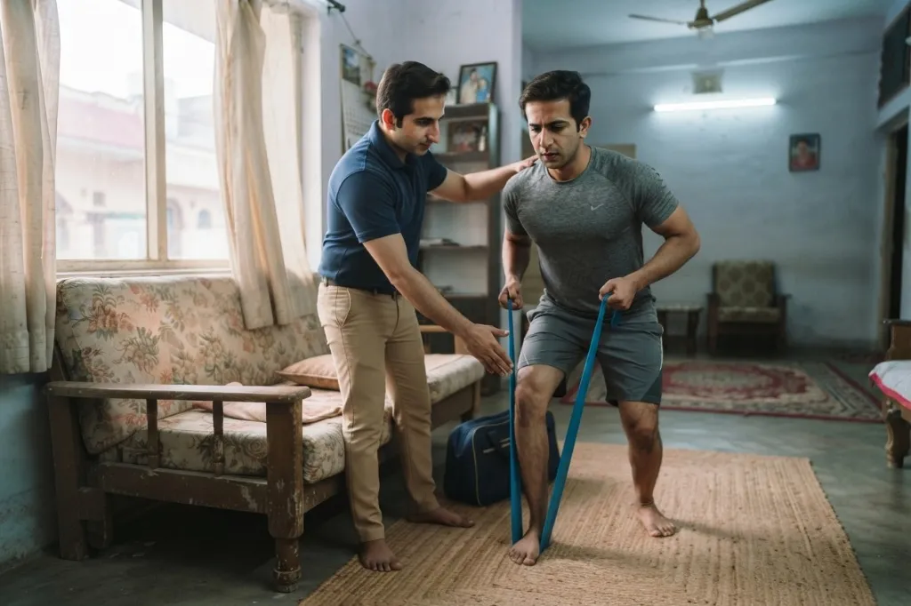 A physiotherapist guiding a resistance-band exercise in a living room