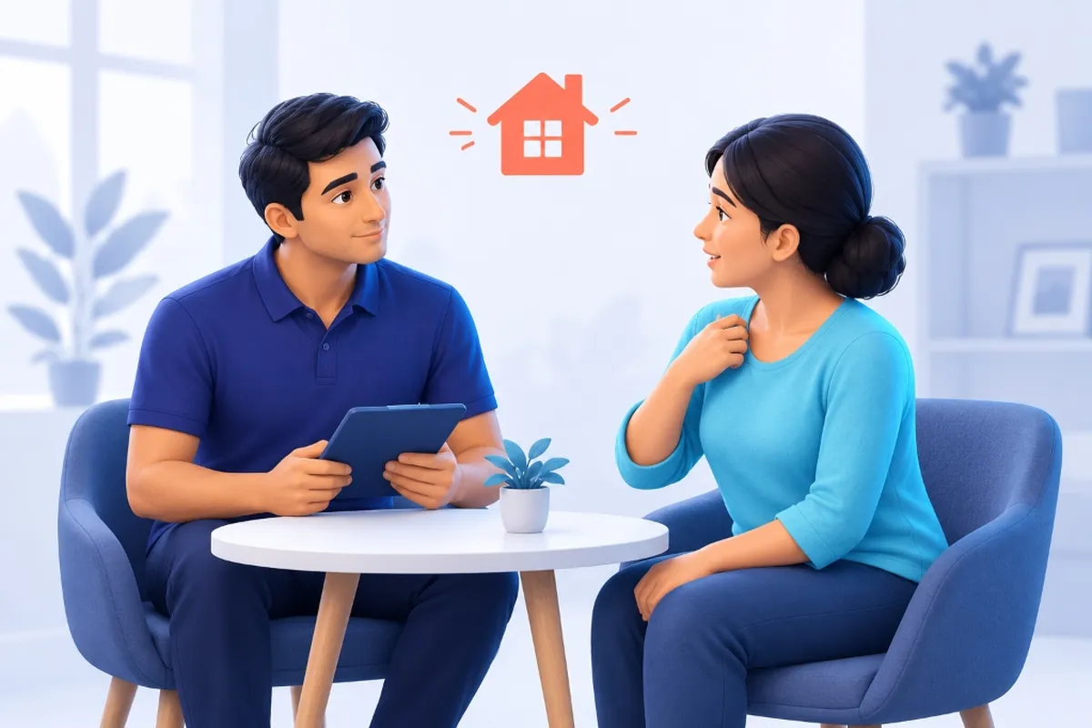 Illustration of a physiotherapist listening to a patient at home