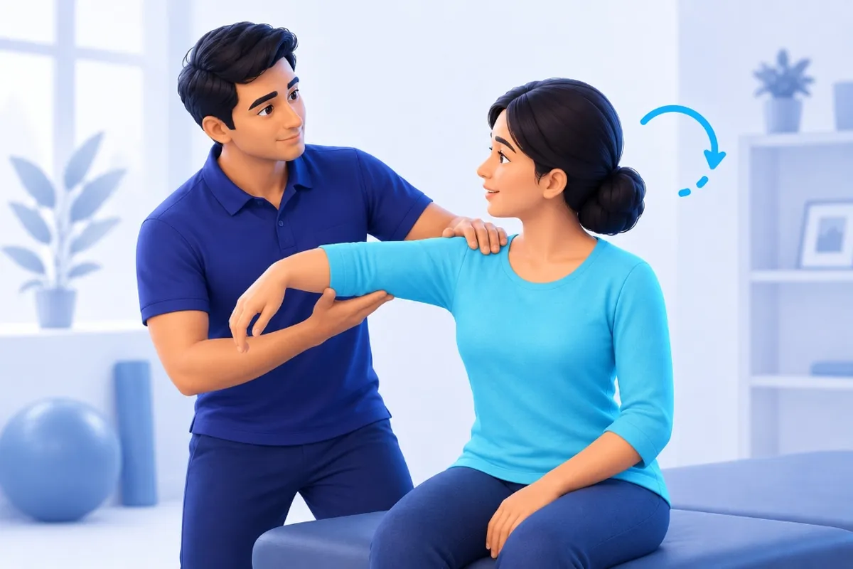 Illustration of a physiotherapist checking how far a patient can move a joint