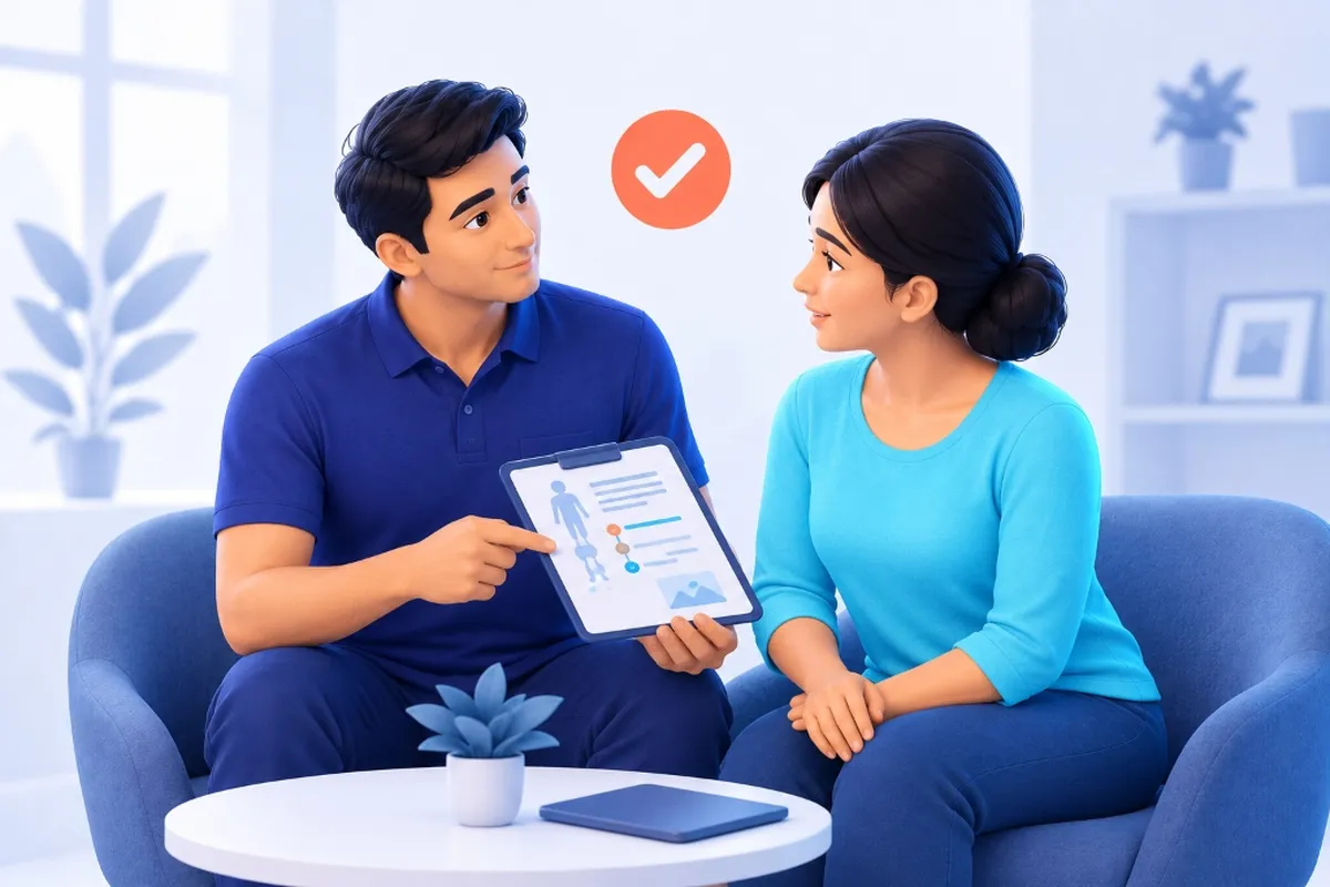Illustration of a physiotherapist explaining a treatment plan